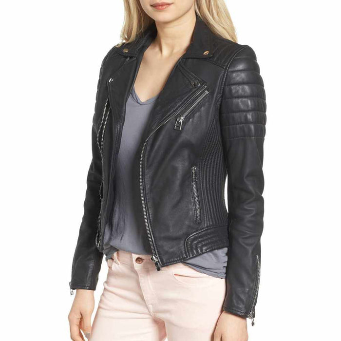 Slim Fit Black Classic Motorcycle Leather Jacket Women