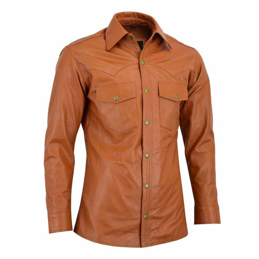 Slim Fit Tan Brown Men Full Sleeve Soft Leather Shirt - Jacket Hunt