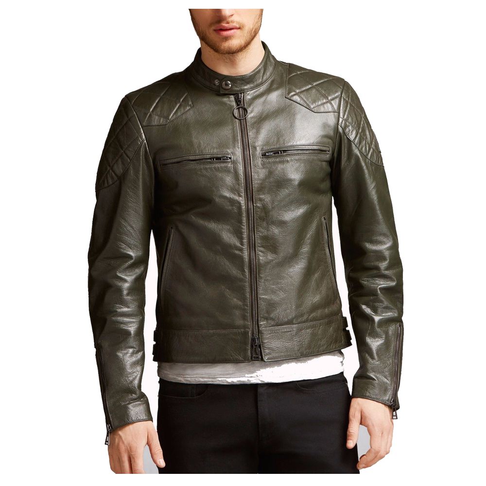 Man in slim fit olive green waxed leather biker jacket with quilted shoulders and front zipper.