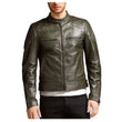 Man in slim fit olive green waxed leather biker jacket with quilted shoulders and front zipper.