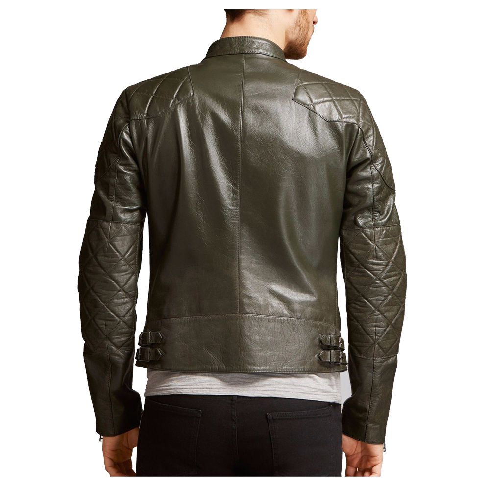 Man in slim fit olive green waxed leather biker jacket with quilted shoulders and front zipper.