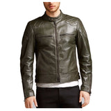 Man in slim fit olive green waxed leather biker jacket with quilted shoulders and front zipper.