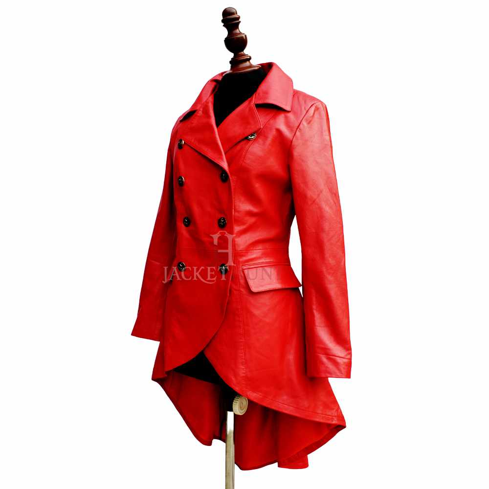 Women Double Breast Military Real Red Leather Coat Corset Laces Tighten Back Tailcoat Jacket