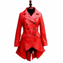 Load image into Gallery viewer, Women Double Breast Military Real Red Leather Coat | Corset Laces Tighten Back Tailcoat
