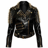 Women Gold Studded Biker Fashion Black Leather Jacket | Jacket Hunt