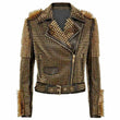 Women Golden Studded Spikes Leather Jacket | Punk Rock Motorcycle Jacket