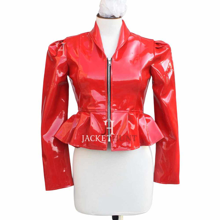 Women Hot Red Frock Vinyl PVC Leather Mini Dress Jacket