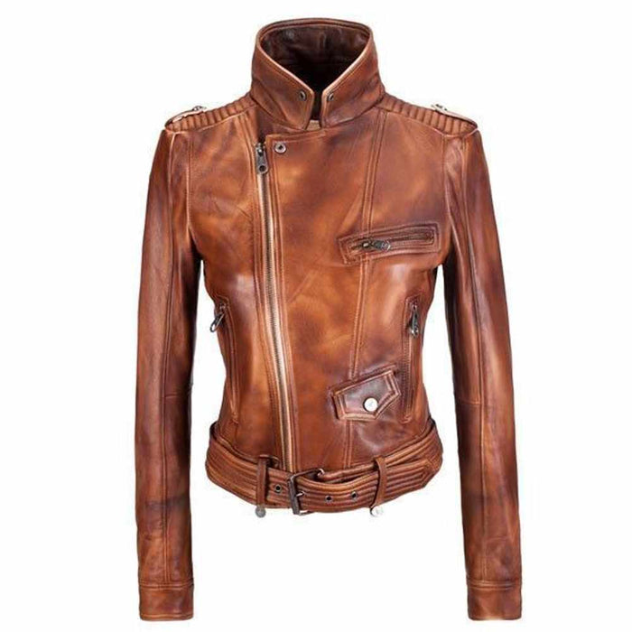 Women Slim Fit Wax Brown Motorcycle Fashion Leather Jacket
