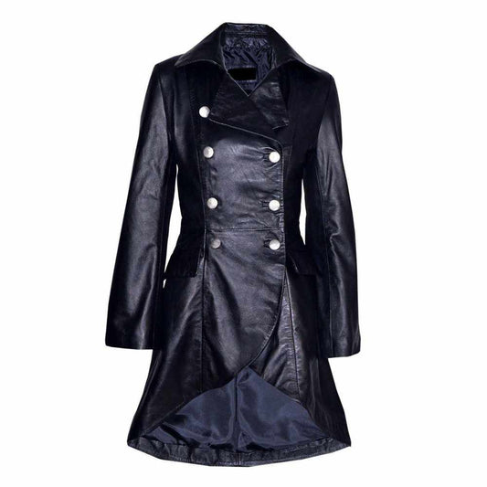 Women Victorian Double Breast Black Leather Coat | Lace Military Leather Coat