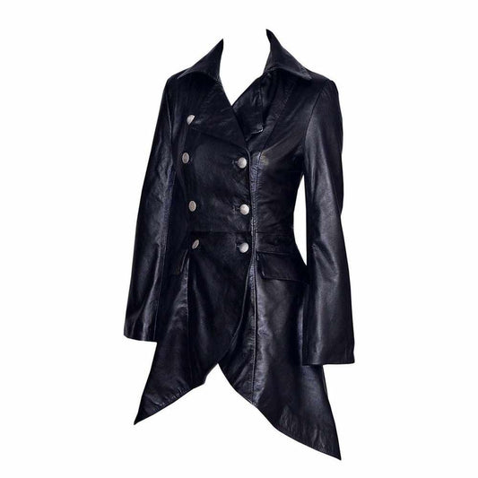 Women Victorian Double Breast Black Leather Coat | Lace Military Leather Coat