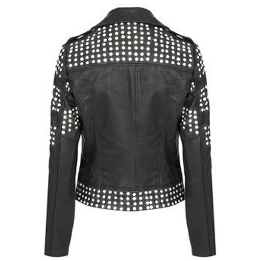 Women's black leather café racer jacket with intricate silver stud patterns and a center zip.