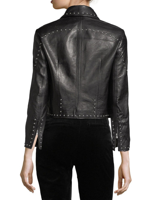 Women's black cropped studded lambskin leather jacket with silver studs outlining the seams and collar.