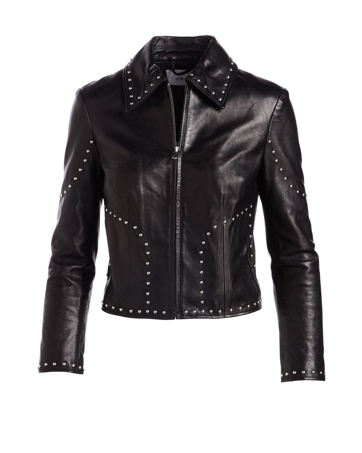 Women's black cropped studded lambskin leather jacket with silver studs outlining the seams and collar.