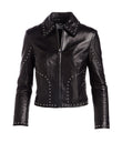 Women's black cropped studded lambskin leather jacket with silver studs outlining the seams and collar.