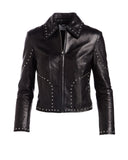 Women's black cropped studded lambskin leather jacket with silver studs outlining the seams and collar.