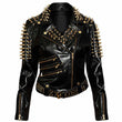 Women's studded black leather punk biker jacket with gold studs, spikes, and multiple zippers.

