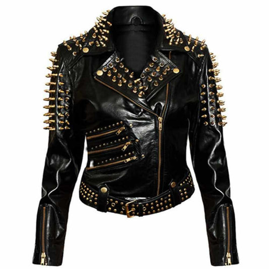 Women's studded black leather punk biker jacket with gold studs, spikes, and multiple zippers.
