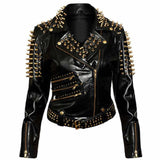 Women's studded black leather punk biker jacket with gold studs, spikes, and multiple zippers.
