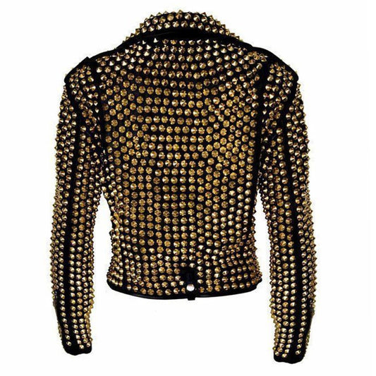 Women's black leather jacket completely covered in golden studs and spikes for a heavy metal look