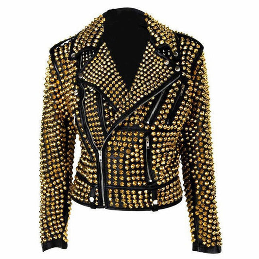 Women's black leather jacket completely covered in golden studs and spikes for a heavy metal look