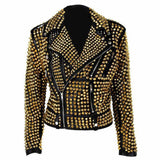 Women's black leather jacket completely covered in golden studs and spikes for a heavy metal look