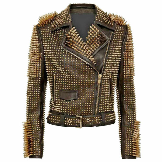 Women's black studded leather punk jacket heavily embellished with golden studs and long spikes.