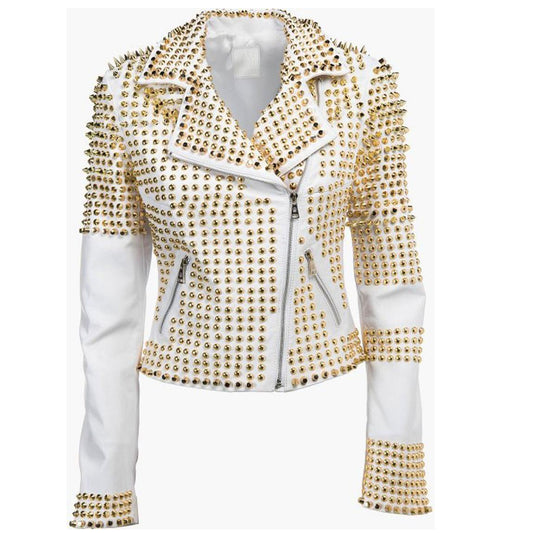 Women's white leather punk jacket heavily embellished with golden studs and spikes