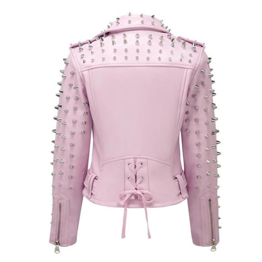 Women's light pink studded leather jacket with silver spikes, studs, and a lace-up corset back.