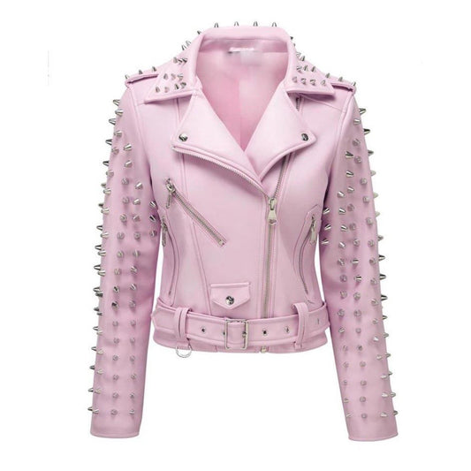 Women's light pink studded leather jacket with silver spikes, studs, and a lace-up corset back.