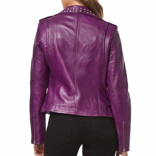 Women's purple studded leather biker jacket with silver-tone hardware and an asymmetrical zip