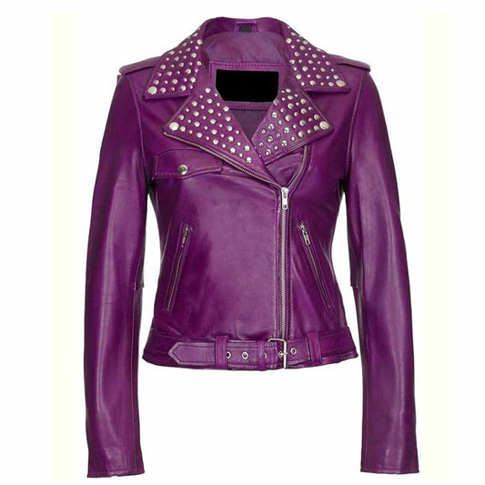 Women's purple studded leather biker jacket with silver-tone hardware and an asymmetrical zip