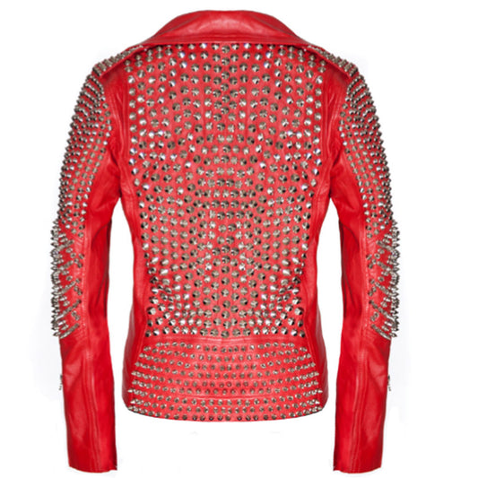 Women's red studded leather biker jacket heavily embellished with silver spikes on the sleeves and studs.
