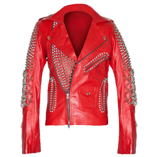 Women's red studded leather biker jacket heavily embellished with silver spikes on the sleeves and studs.