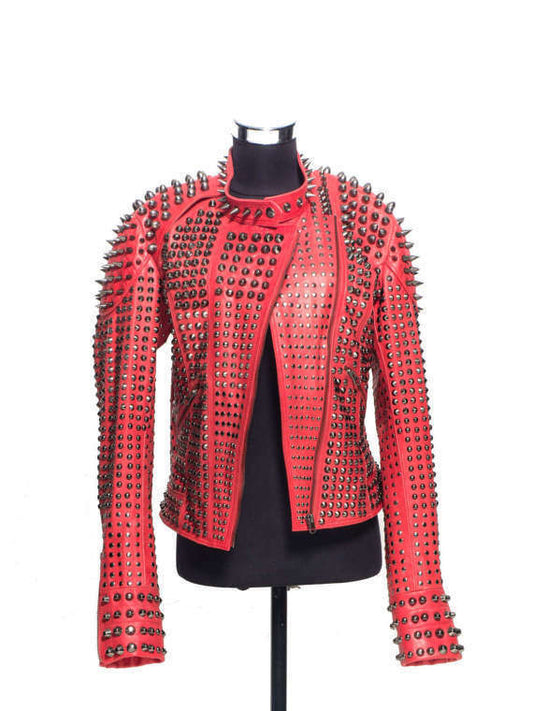 Make a bold statement in our women's red leather jacket. Heavily embellished with gunmetal spikes and studs for a true punk rock look.