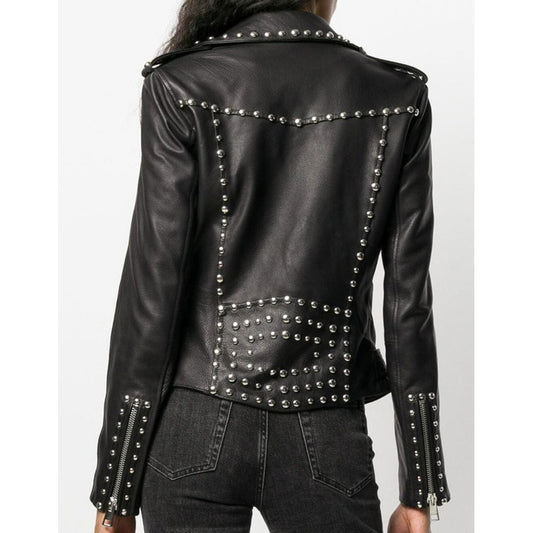 Women's studded black leather punk jacket with silver studs on the lapels, pockets, and back.