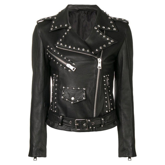 Women's studded black leather punk jacket with silver studs on the lapels, pockets, and back.