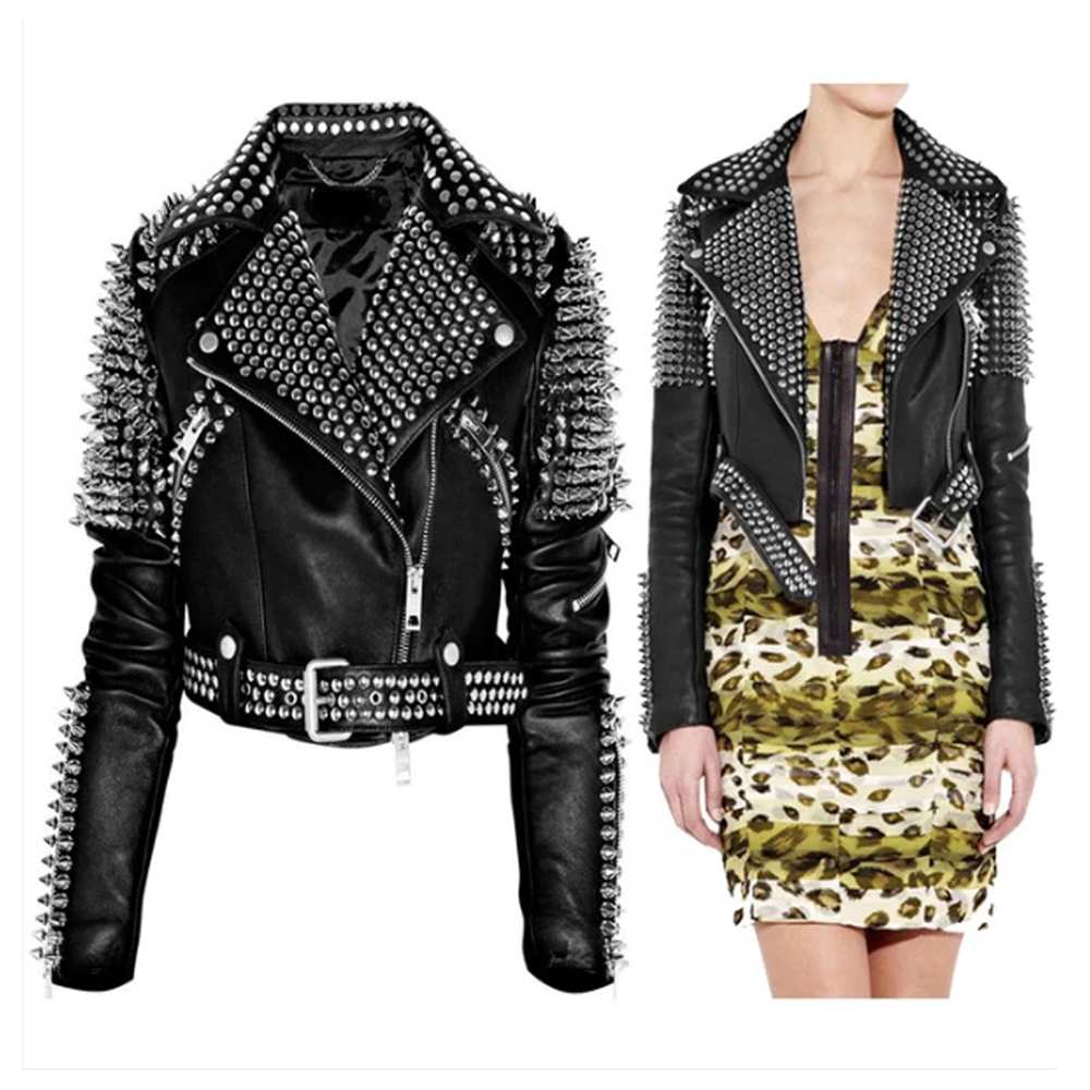 Women's studded black leather punk jacket with heavy silver spikes on the shoulders and studs on the lapels.