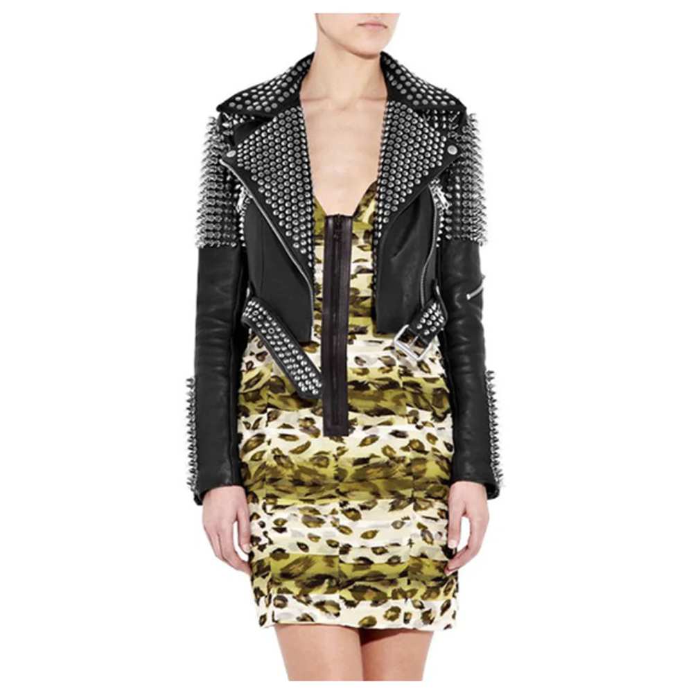 Women's studded black leather punk jacket with heavy silver spikes on the shoulders and studs on the lapels.