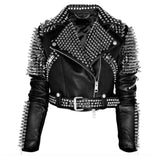 Women's studded black leather punk jacket with heavy silver spikes on the shoulders and studs on the lapels.