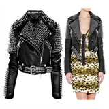 Women's studded black leather punk jacket with heavy silver spikes on the shoulders and studs on the lapels.