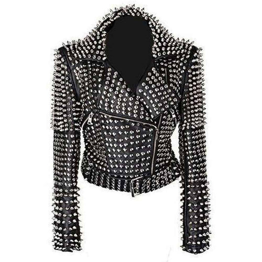 Dominate the scene in our women's spiked & studded leather jacket. Fully armored in silver hardware for a true punk look.