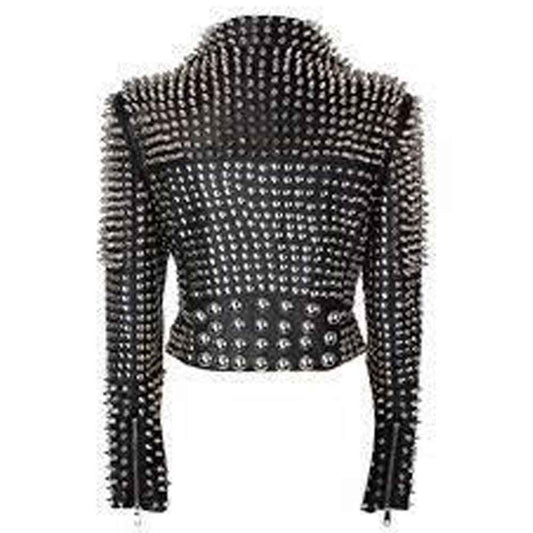 Women's black studded leather jacket completely covered in silver spikes and studs for a punk rock look.