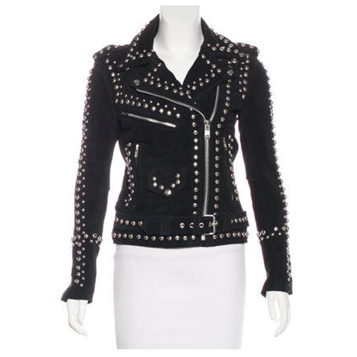 Women's black suede leather moto jacket with heavy silver stud detailing.