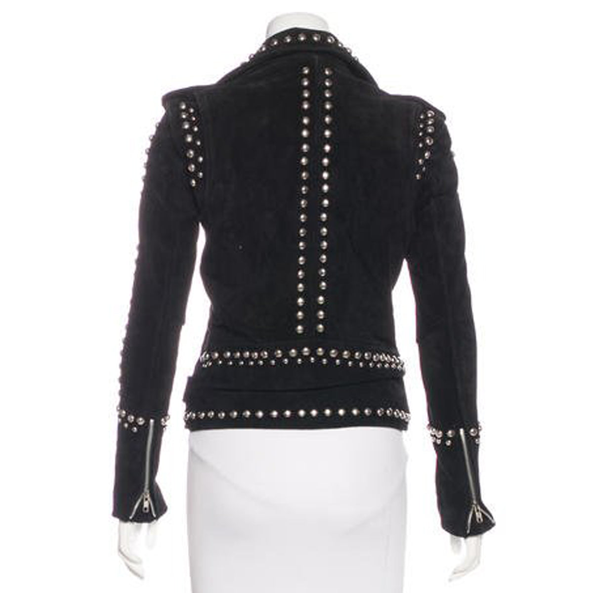 Women's studded black suede leather moto jacket with heavy silver stud detailing.

