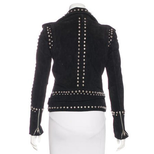 Women's studded black suede leather moto jacket with heavy silver stud detailing.
