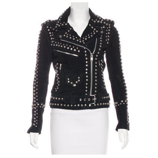 Women's black suede leather moto jacket with heavy silver stud detailing.