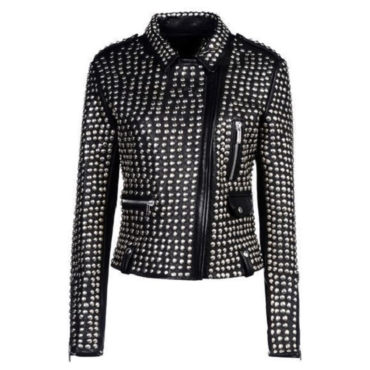 Women's studded black leather motorcycle jacket completely covered in polished silver studs.