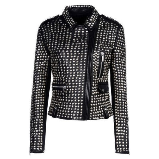 Women's studded black leather motorcycle jacket completely covered in polished silver studs.