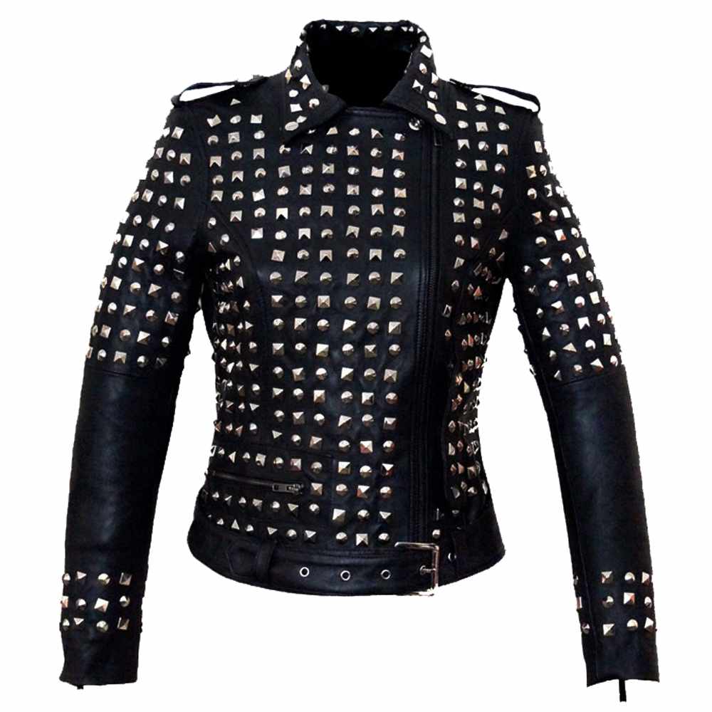 Women's studded black leather biker jacket with heavy silver pyramid studs on the body and upper arms.