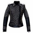 Women's studded black leather biker jacket with heavy silver pyramid studs on the body and upper arms.